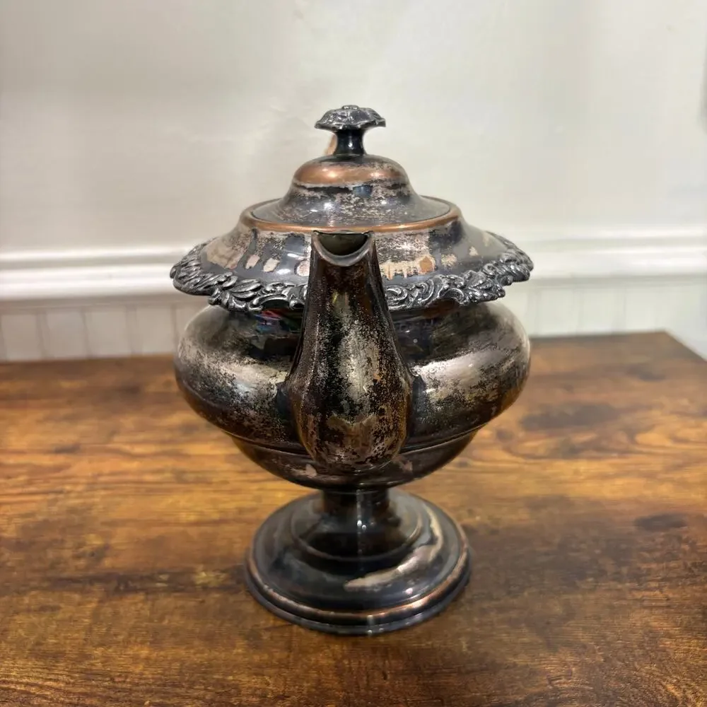 Antique Footed Tea Pot‎ Silver Plated Copper with Wood Handle Patina Shabby Chic